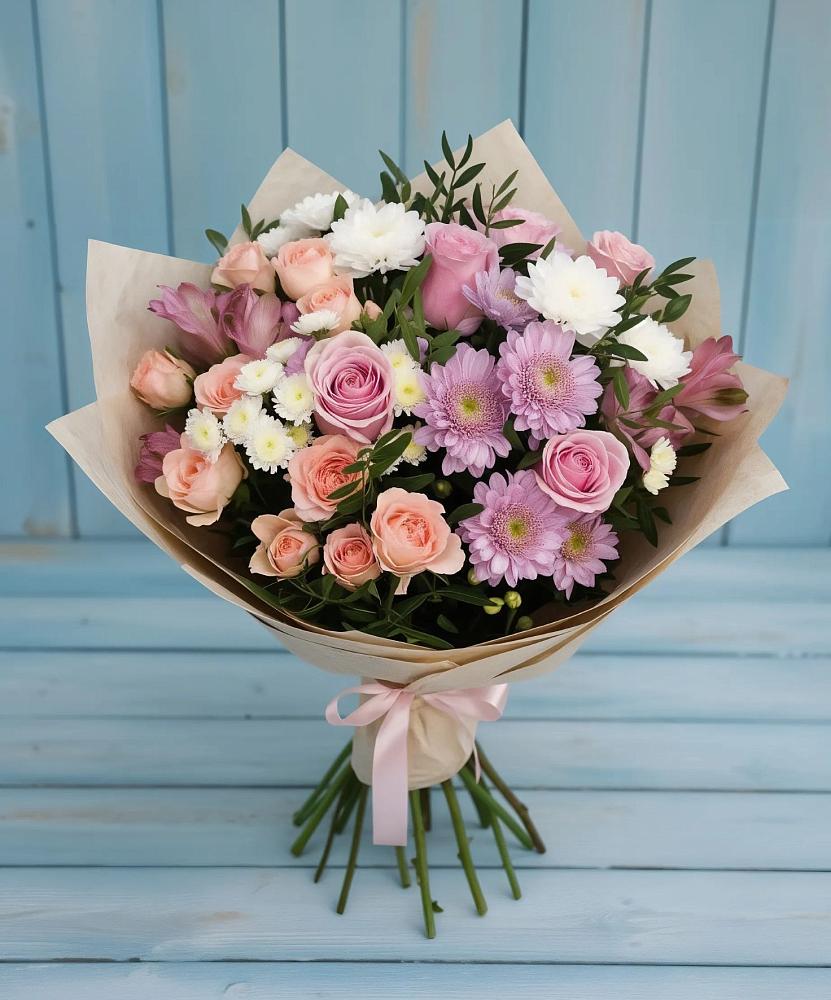 Букет цветов из: Хризантемы, Розы и Альстромерии в Калининауле