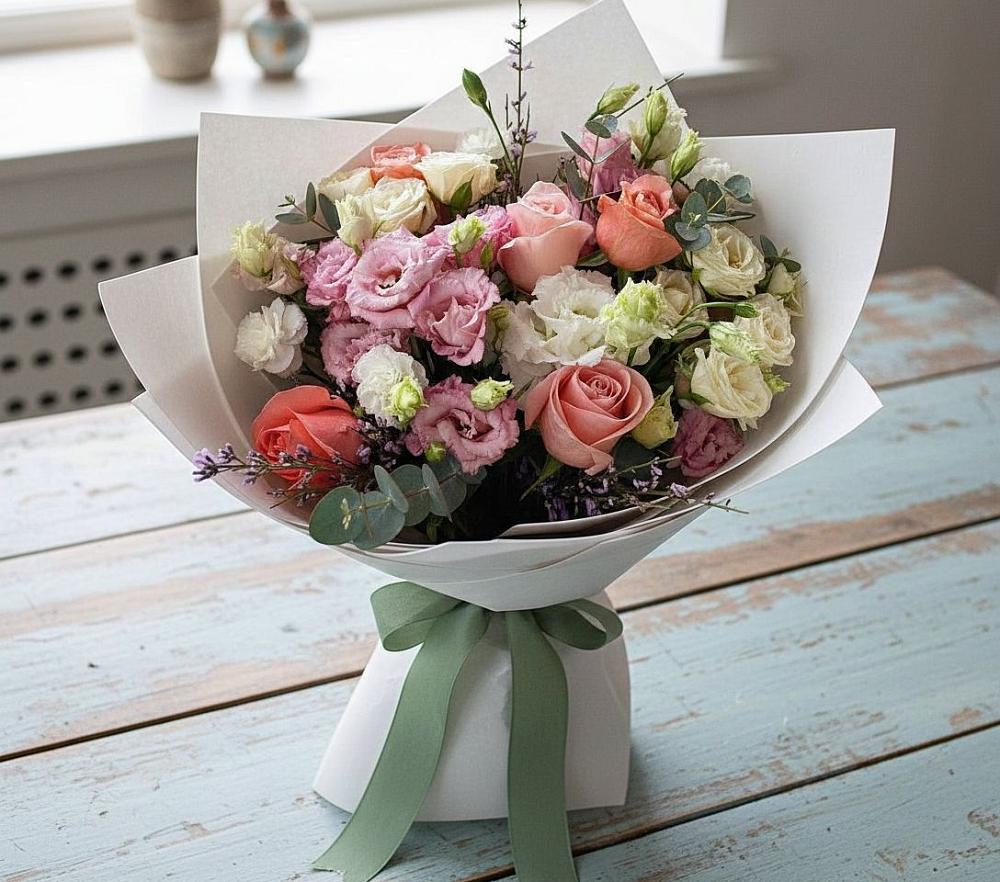 Букет цветов из: Розы, Лизиантусы и Гвоздики в Калининауле