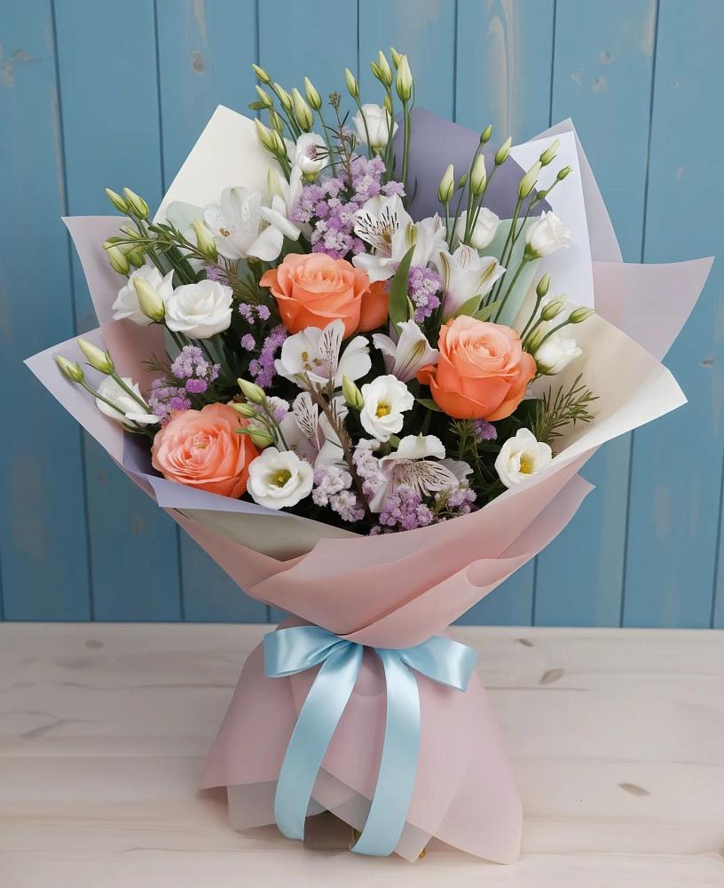 Букет цветов из: Лизиантусы, Розы, Альстромерии и Гипсофила в Калининауле